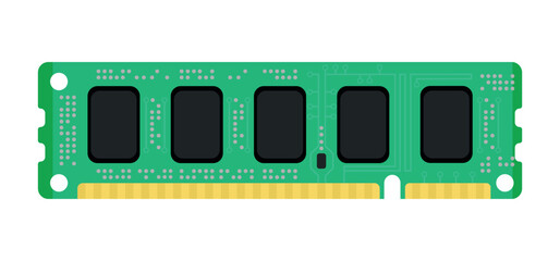 Flat vector illustration of a green computer RAM memory module chip isolated on a white background. Hardware component for PC upgrade, data storage, and high-performance digital computing.