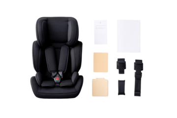 Child Safety Seat and Components: A collection of a sleek, black child safety seat with various essential components, laid out on a clean surface, emphasizing child safety and secure travel.