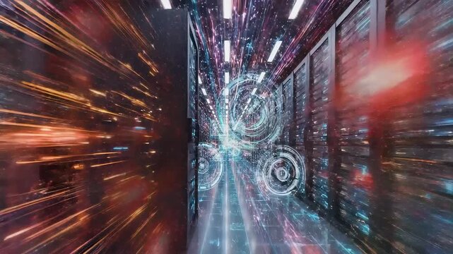 Futuristic data center server rack processing digital network information flow. High speed cloud computing infrastructure transmitting big data. Cyber technology corridor glowing with ai light.