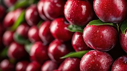 This vibrant image showcases fresh red plums glistening with droplets of water, highlighting their freshness and inviting appeal, perfect for fruit lovers and foodies.