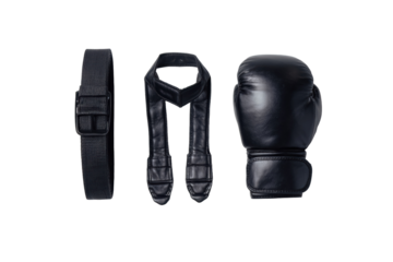 Boxing Gear Composition: A minimalist still life arrangement features essential boxing gear, including a sleek black belt, headgear, and a robust boxing glove.