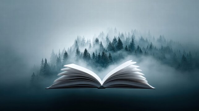 Open book with a forest background