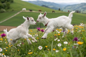 Obraz premium Two baby goats playing in a field of flowers