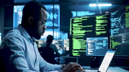 Black male programmer typing on laptop for coding and programming with multiple software code monitor, digital technology development concept and professional data engineering workspace. - Powered by Adobe