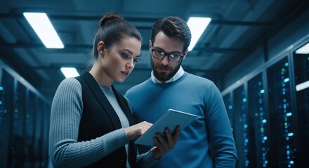Two professionals in a data center, attentively examining a tablet device, surrounded by server racks and glowing lights, signifying technology and collaboration