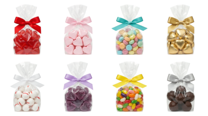 Assorted candy gift bags set including gummy hearts, marshmallows, jelly beans, and chocolate truffles isolated. Party favors and sweet treats collection.