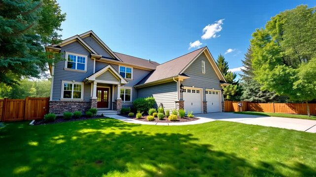 Beautiful suburban house with landscaped lawn, trees, and blue sky on a sunny day