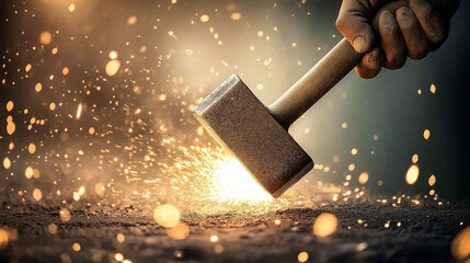 Close-up of Blacksmith Hand Striking Metal with Hammer Creating Bright Glowing Sparks in Dark Workshop