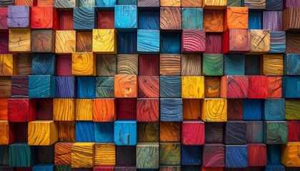 Colorful wooden cubes arranged in a grid pattern with visible wood grain, creating depth, texture, and vibrant geometric repetition.