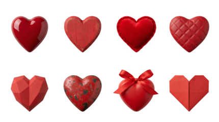 Red heart collection set including glossy, wooden, plush, quilted, geometric, rusty metal, ribbon gift, and origami styles isolated. Valentine's Day romance and love symbols.