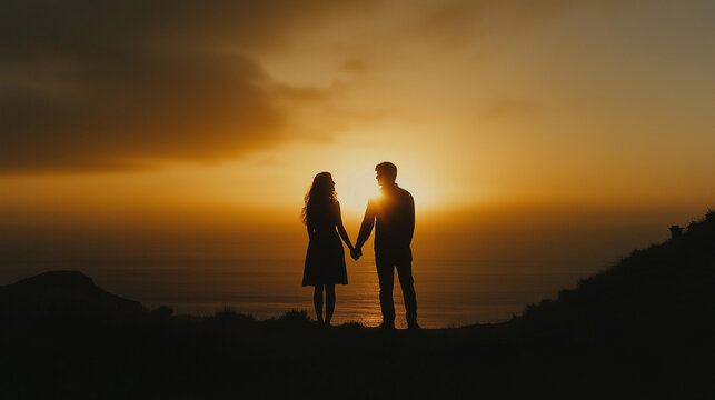 Silhouette of Romantic Couple Holding Hands Standing on Cliff Overlooking Golden Ocean Sunset