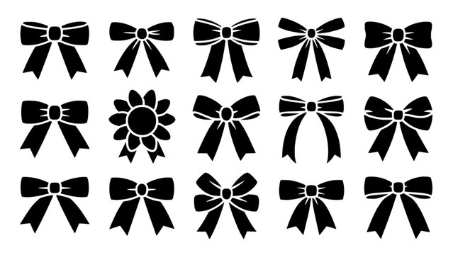 Collection of black ribbon bow and rosette icons in flat design style on white background, graphic resources