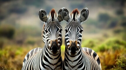 Fototapeta premium A captivating image of two zebras closely positioned, highlighting their striking black and white stripes, symbolizing unity and the beauty of wildlife in its natural setting.