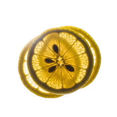 A sliced lemon against a transparent background, showcasing its vibrant yellow color and intricate details.