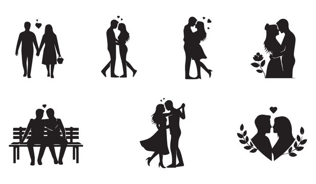 black silhouettes of couples in various romantic poses and settings on white background high quality professional detailed modern elegant stylish clean