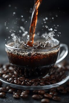 Cup of black coffee and coffee beans. Pouring coffee into a glass cup. Vertical image for poster, banner, story