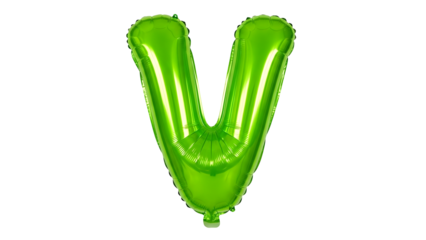 Green foil balloon letter v isolated on transparent background