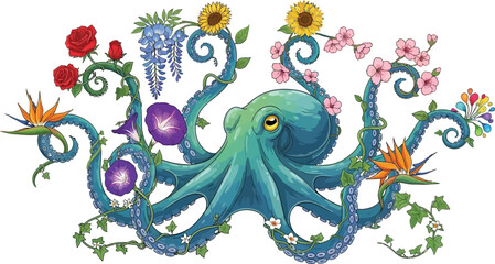 Ocean octopus with tentacles around many different colorful flowers like red roses and yellow sunflowers art illustration © MDMUKTADIR