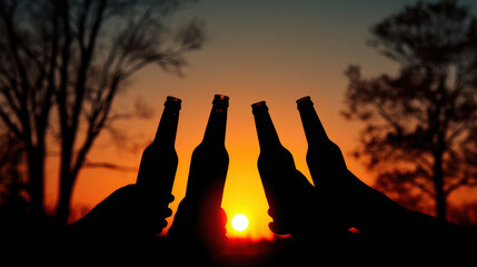 Sunset cheers with clinking beer bottles held by hands against vibrant orange sky and silhouetted trees creating warm, festive atmosphere