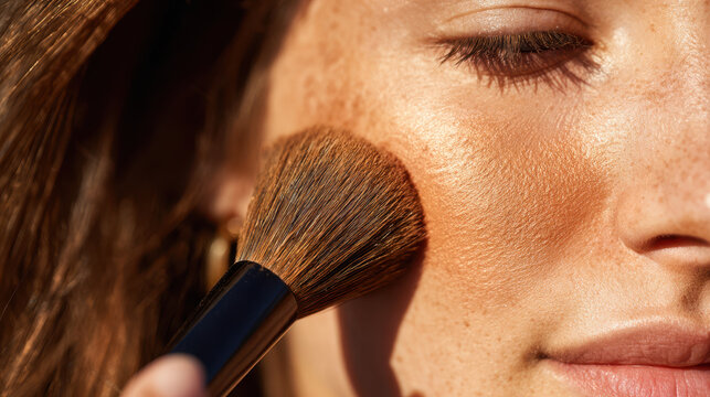 Sun kissed glow makeup close up of person applying bronzer with brush on freckled skin for natural radiant look