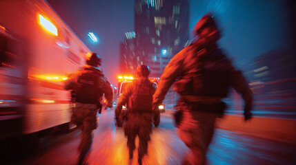 Alarm response team scene showing rapid movement representing emergency justice system professionalism enforcement environment lighting