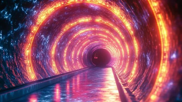 Illuminated Tunnel: An abstract tunnel adorned with glowing rings of light, emitting a captivating dance of colors, leading towards an unknown destination. 