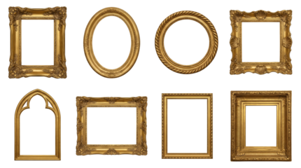 Gold picture frame set including ornate, oval, round, arched, and rectangular styles isolated. Vintage gallery wall and museum display collection.