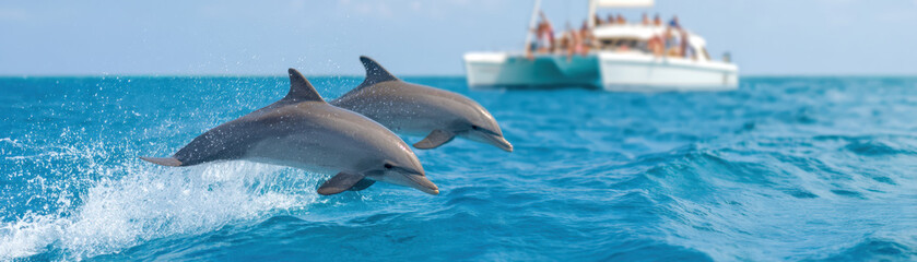 Fototapeta premium Two dolphins leap joyfully from clear blue ocean near boat filled with people enjoying sunny day on water