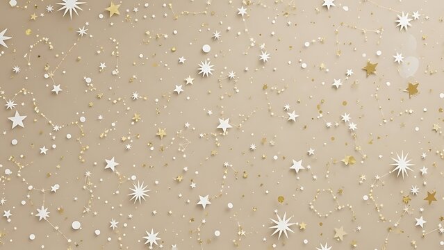 Overhead shot of a beige background covered with varied paper cut-out stars and dots
