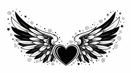 Obraz premium Black and white heart with angel wings illustration.