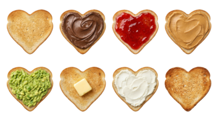 Heart shaped toast set including avocado, butter, jam, peanut butter, chocolate, and cream cheese toppings. Breakfast and snack food collection.