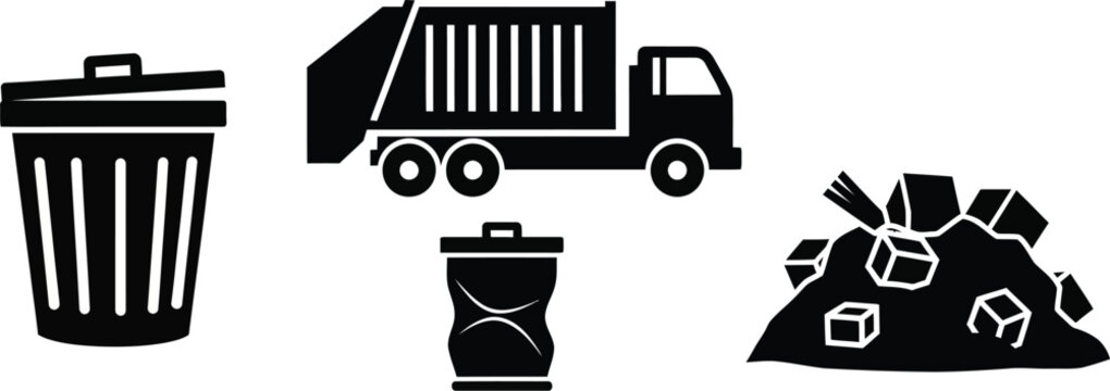 Waste management and garbage removal equipment. Wheelie bin with an open lid, crumpled wastebasket, garbage truck, and a pile of mixed refuse or litter vector icons.