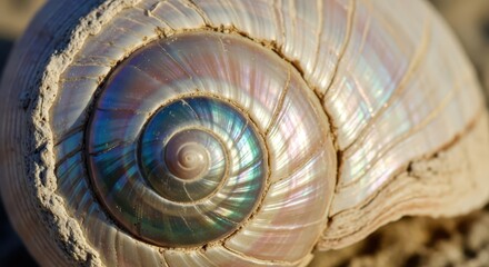 Obraz premium Iridescent spiral pattern visible on the weathered exterior of a marine gastropod's calcified structure