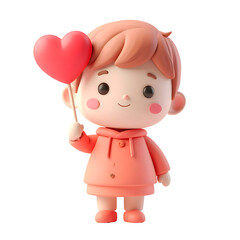 Fototapeta premium Cute 3d Character Holding Red Heart Balloon on Transparent Background