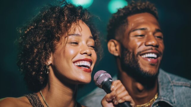 Happy couple singing karaoke together at a dimly lit bar