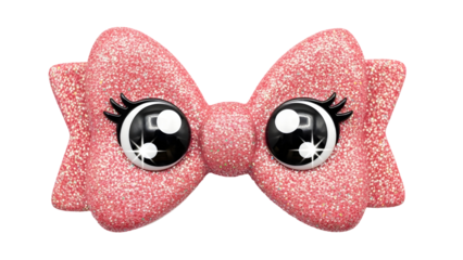 Pink glitter bow with big eyes isolated on transparent background