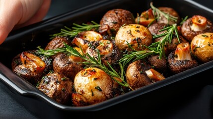 An appetizing display of roasted mushrooms garnished with rosemary, showcasing the beauty of culinary art and the joy of vibrant, wholesome food prepared with care.