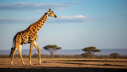 A majestic giraffe gracefully walks across the sun-drenched African savanna with sparse acacia trees under a clear sky.