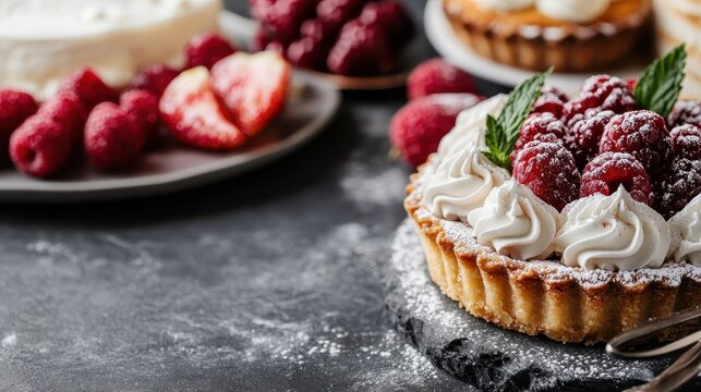 An exquisite raspberry tart garnished with cream and fresh berries, beautifully displayed, invoking indulgence and the joy of culinary artistry, perfect for dessert lovers.