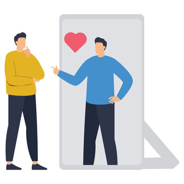 A thoughtful man stands observing his confident reflection in a mirror marked with a large red heart, representing self-esteem and personal aspiration.