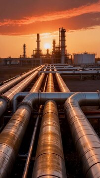 Industrial pipelines converging toward petrochemical processing facility at sunset. Wide shot with low angle perspective.