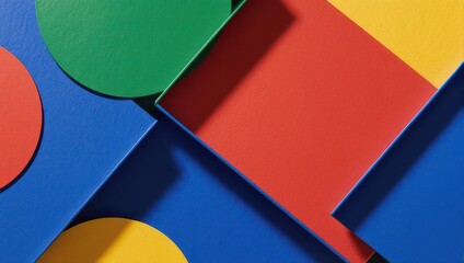 Abstract colorful geometric shapes overlap in a dynamic composition with vibrant primary colors