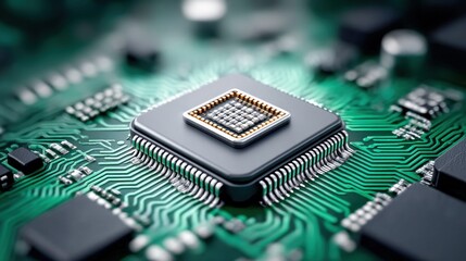 Close-up of a computer processor on a circuit board, technology concept