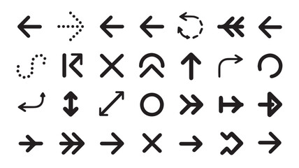 Collection of various black brush stroke arrows and circular symbols on a clean background viewed from a straightforward perspective
