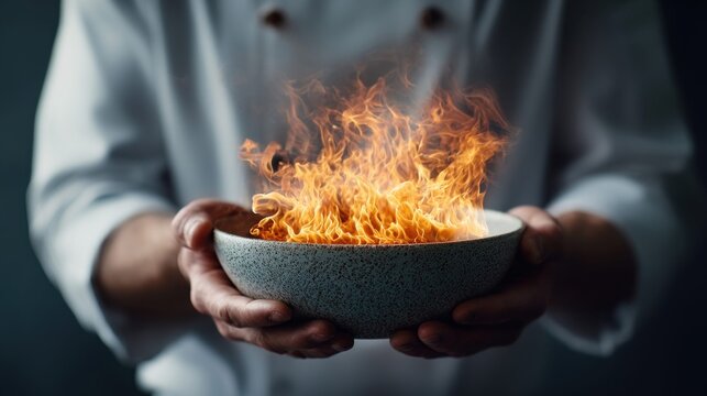 Chef holding a bowl of fire, a dramatic culinary concept