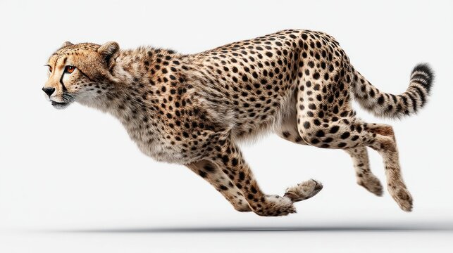 A cheetah running at full speed against a clean white background