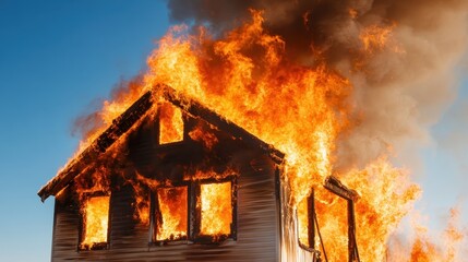 A dramatic image capturing a house on fire, engulfed in roaring flames with thick black smoke billowing into the sky, portraying chaos, destruction, and urgency in a moment of crisis.