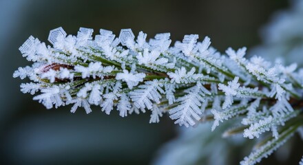 Intricate ice crystals cover the needles of a coniferous branch in close up