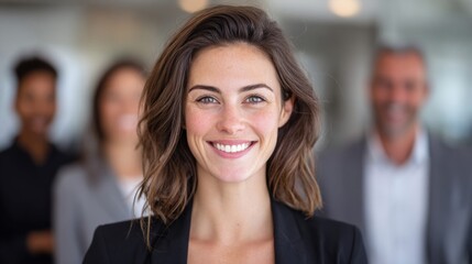 Fototapeta premium Smiling businesswoman with colleagues in the background, looking at the camera