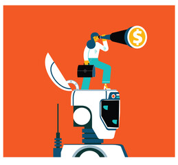 Robot and human collaborating on financial analysis through a telescope view